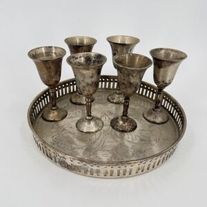 Vintage E.P. Brass India Set of 6 Silver Plated Brass Goblets w/ Tray Barware